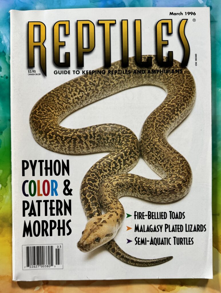 Reptiles Magazine, Fancy Publications Inc. 3 Burroughs, Irvine, CA 92718; Corp Headquarters, 2401 Beverly Blvd. Los Angeles, CA 90057 Editor: Phillip Samuelson, Managing Editor: Russ Case