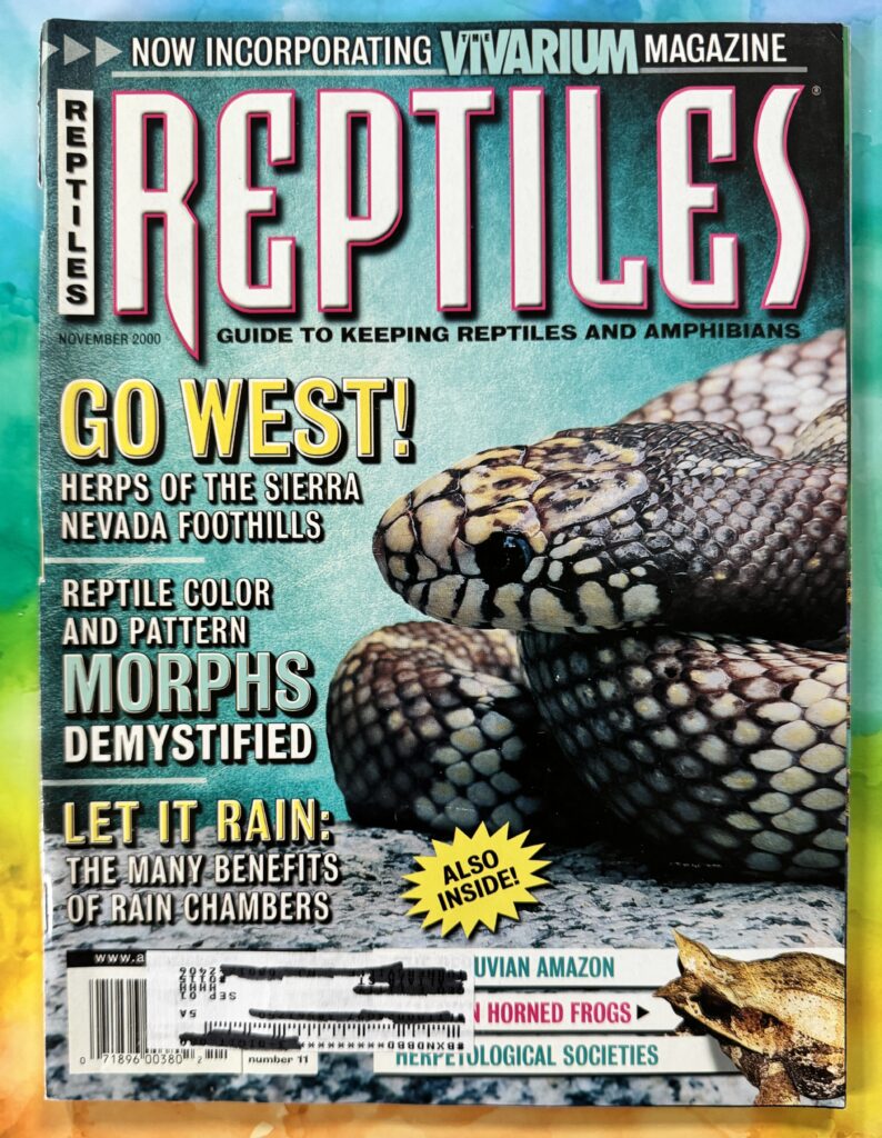 Reptiles Magazine, Fancy Publications Inc. 3 Burroughs, Irvine, CA 92718; Corp Headquarters, 2401 Beverly Blvd. Los Angeles, CA 90057 Editor: Phillip Samuelson, Managing Editor: Russ Case